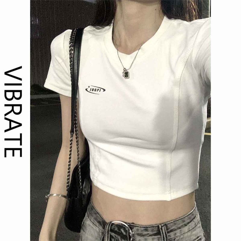 VIBRATE front shoulder short-sleeved t-shirt women's summer design hot girl slim body shirt short niche top ins tide