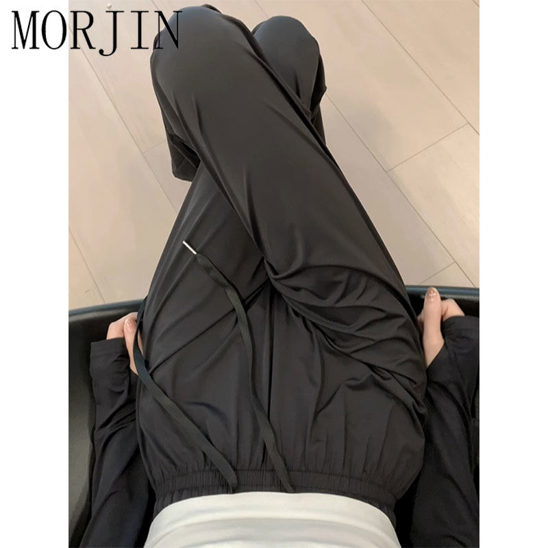 MORJIN black ice silk wide-leg pants women's summer high street design sense high waist loose drape sunscreen cool pants tide