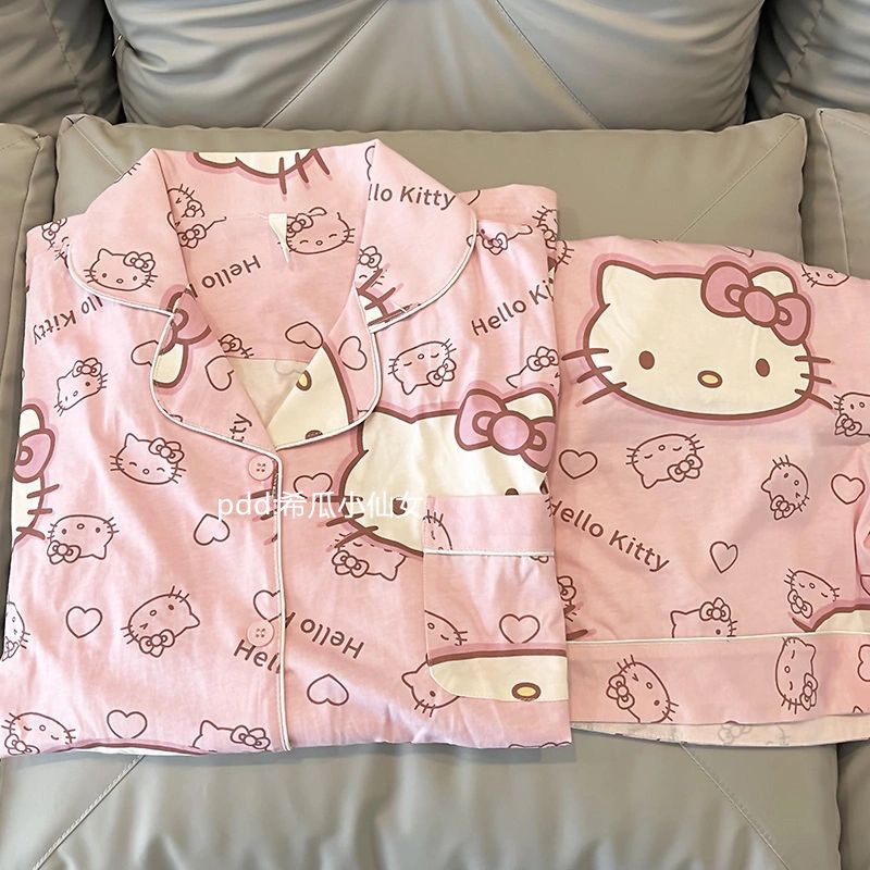 日系kitty凱蒂貓睡衣女夏季天新款短袖卡通可愛學生家居服套裝薄