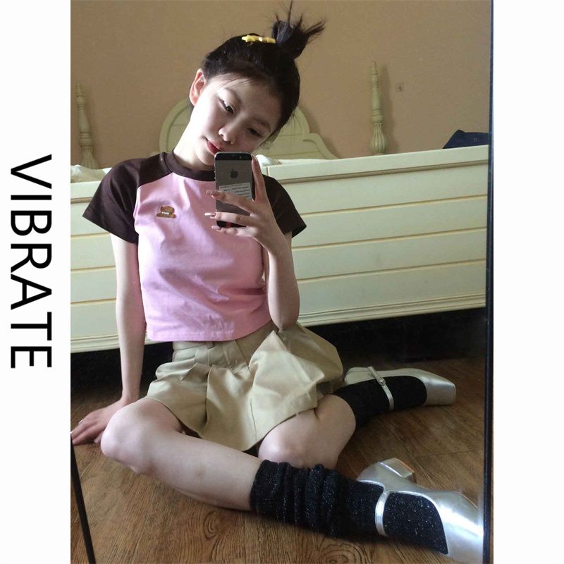 VIBRATE American retro front shoulder raglan short-sleeved t-shirt women's summer pure cotton slim fit T-shirt short top