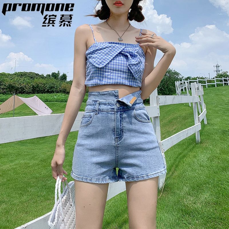 [PROMONE] New high-waisted denim shorts for women in summer thin irregular a-line loose slimming hot pants