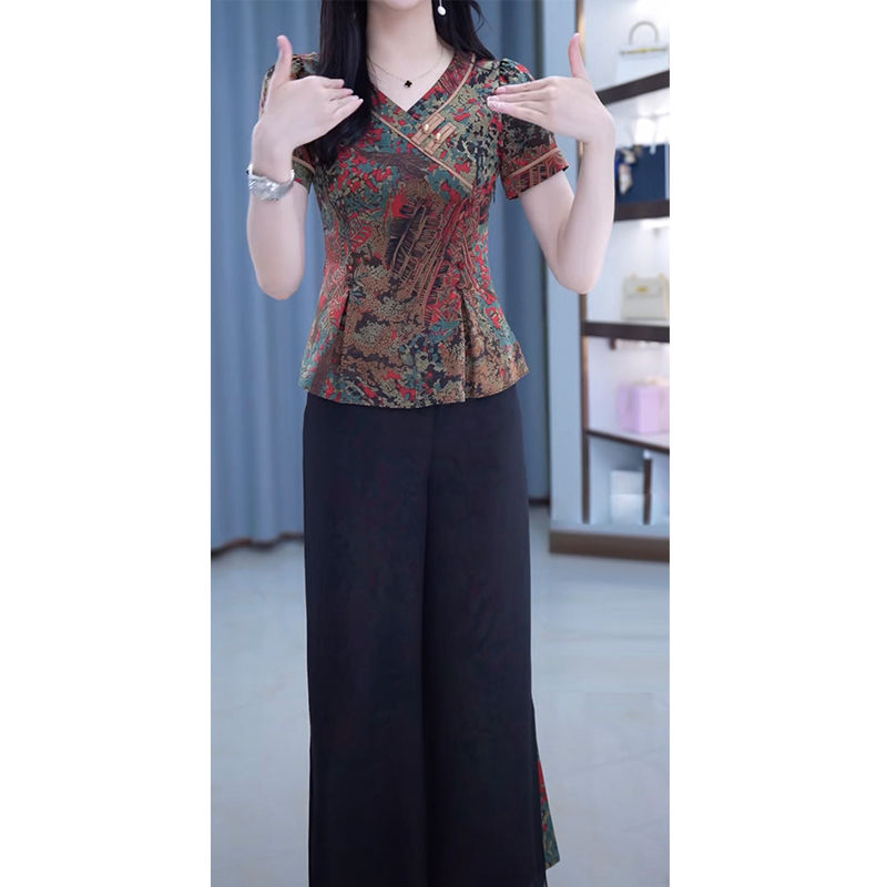 New Chinese-style mother and lady's top wide-leg pants fashion suit large size cover meat cover crotch temperament suit  summer
