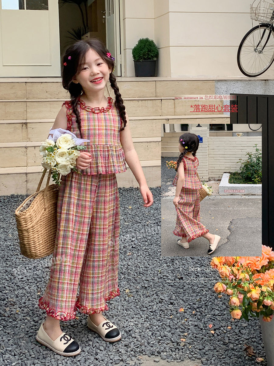 女童夏季炸街套裝小女孩夏天洋氣背心闊腿褲兒童裝棉麻網紅兩件套