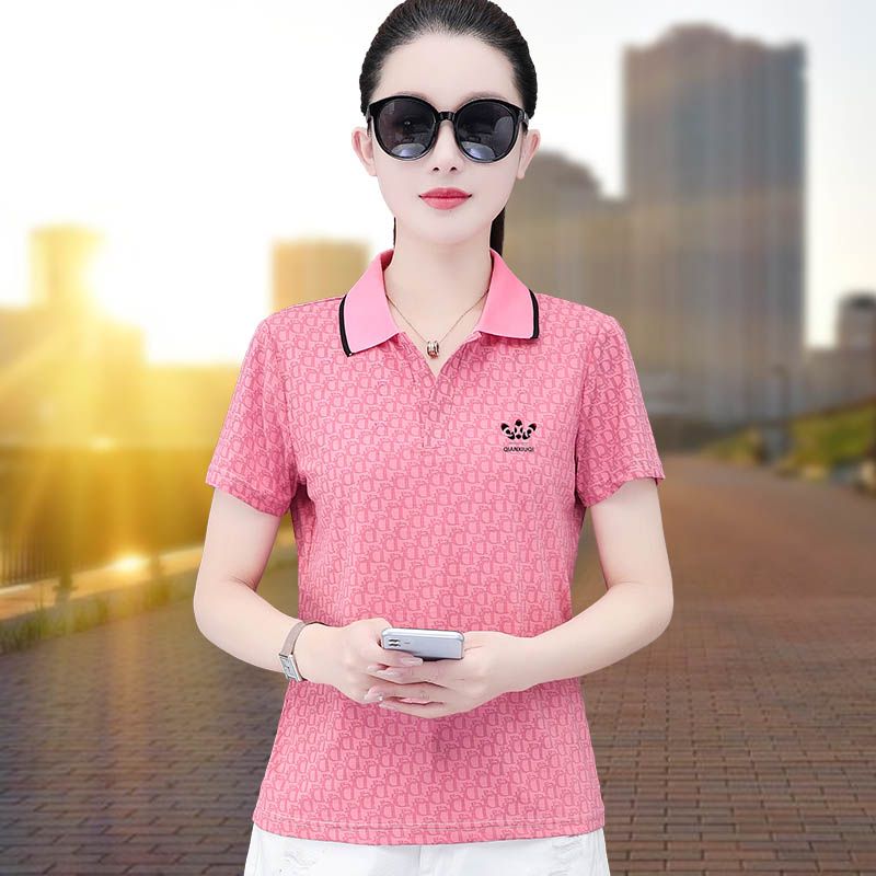 Ice silk short-sleeved T-shirt for women, large size, loose and fashionable, young mother polo shirt, summer lapel top