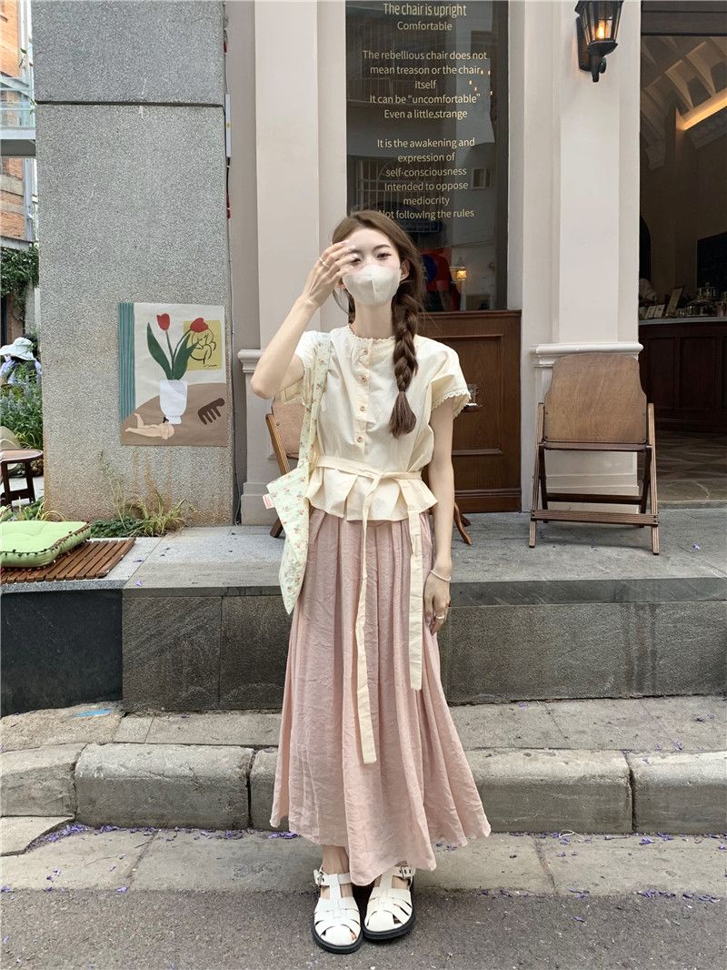 溫柔風收腰氣質花邊襯衫套裝女夏季新款純色垂感半身中長裙兩件套