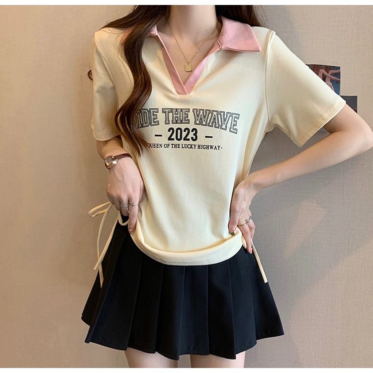 胖mm大碼t恤女裝夏季新款韓版寬鬆小眾polo領短袖正肩上衣2-300斤