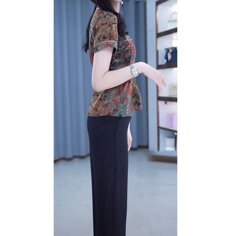 New Chinese-style mother and lady's top wide-leg pants fashion suit large size cover meat cover crotch temperament suit  summer