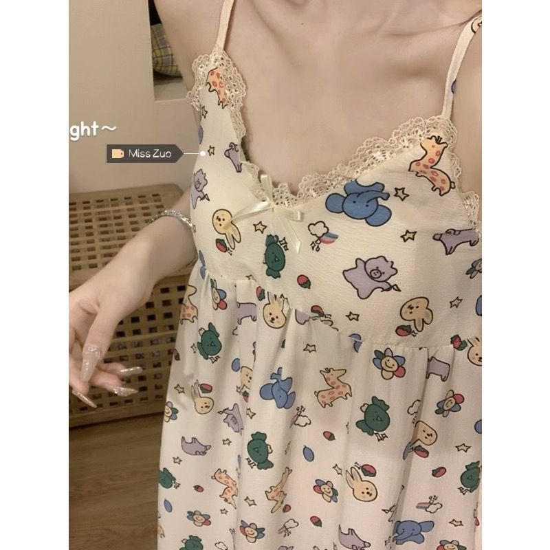 Baby cotton nightdress pajamas female summer cartoon sweet lace lace loose plus fat plus size 200 catties can be worn