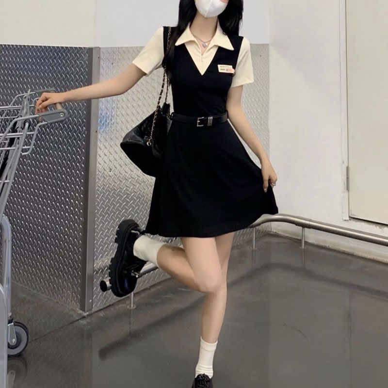 法式赫本風假兩件撞色襯衫連衣裙子夏季大碼甜美學院風氣質長裙子