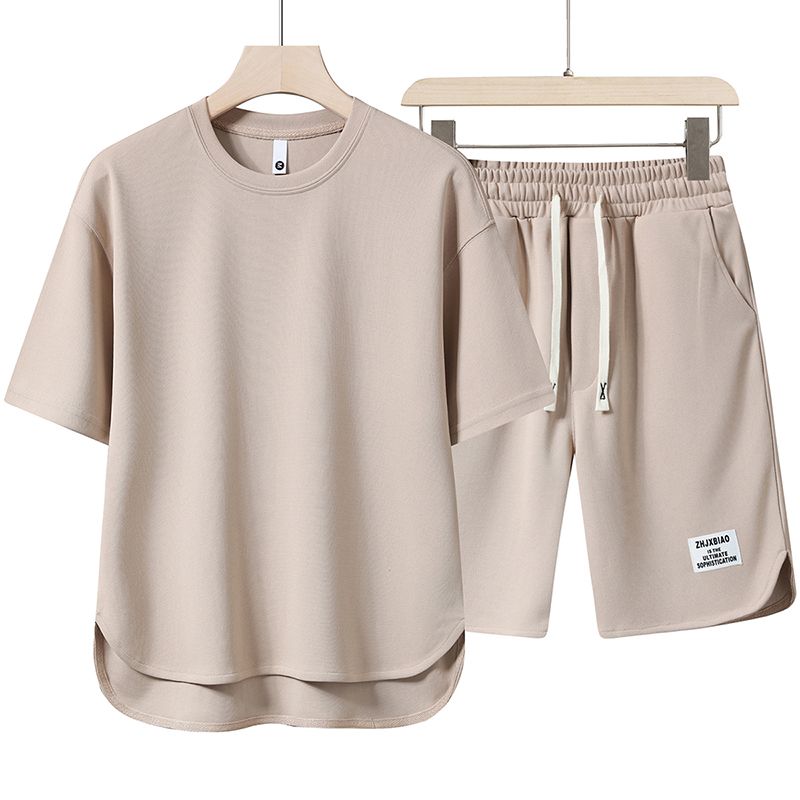 男士短袖t恤休闲运动套装夏季薄款圆领宽松凉感纯色体恤搭配一套