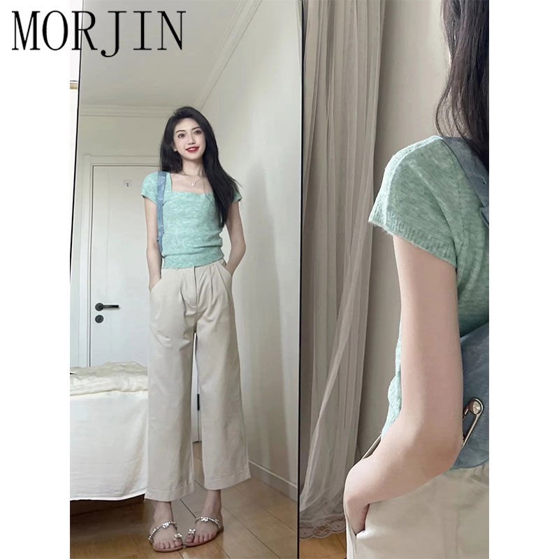 MORJIN design sense square collar front shoulder knitted t-shirt women's short-sleeved summer Korean version of the niche slim slim short top