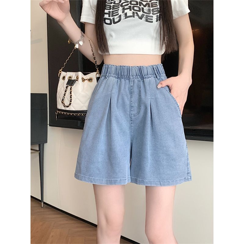 天絲牛仔短褲女夏季薄款高腰寬鬆顯瘦大碼冰絲五分闊腿a字中褲子