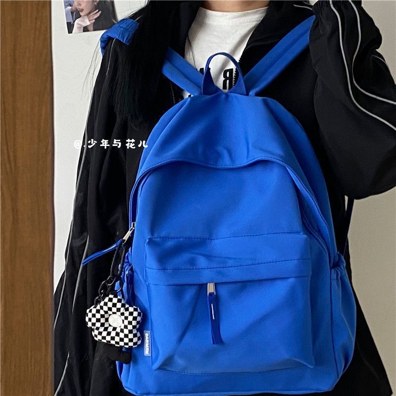 克萊因藍 ins小眾設計感初中生純色雙肩包女日系簡約高中學生書包