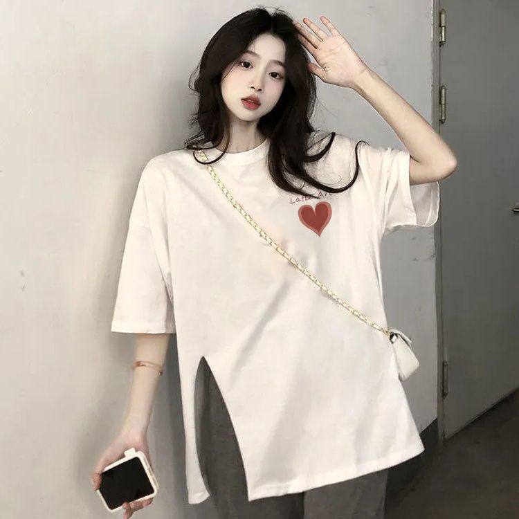 2023夏季新款純棉短袖t恤女寬鬆韓版中長款不規則開叉半袖上衣ins
