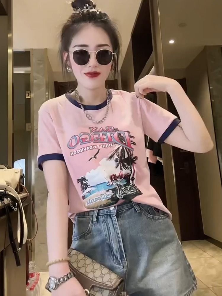 夏季新款大碼胖mm印花短袖t恤女裝寬鬆圓領顯瘦撞色正肩上衣200斤