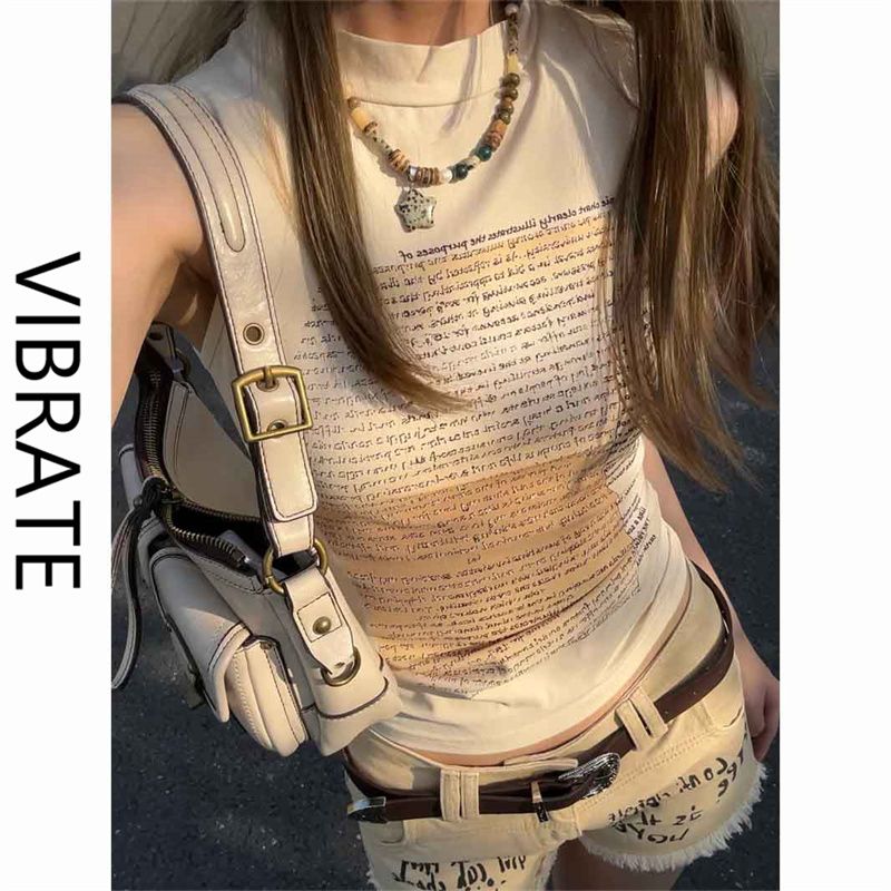 VIBRATE美式復古彈力小眾辣妹設計百搭印花修身無袖背心吊帶上衣