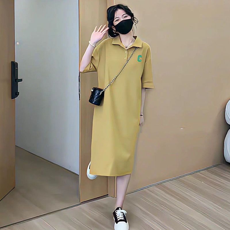 French design sense fried street polo collar dress female summer  new large size fat mm long knee skirt