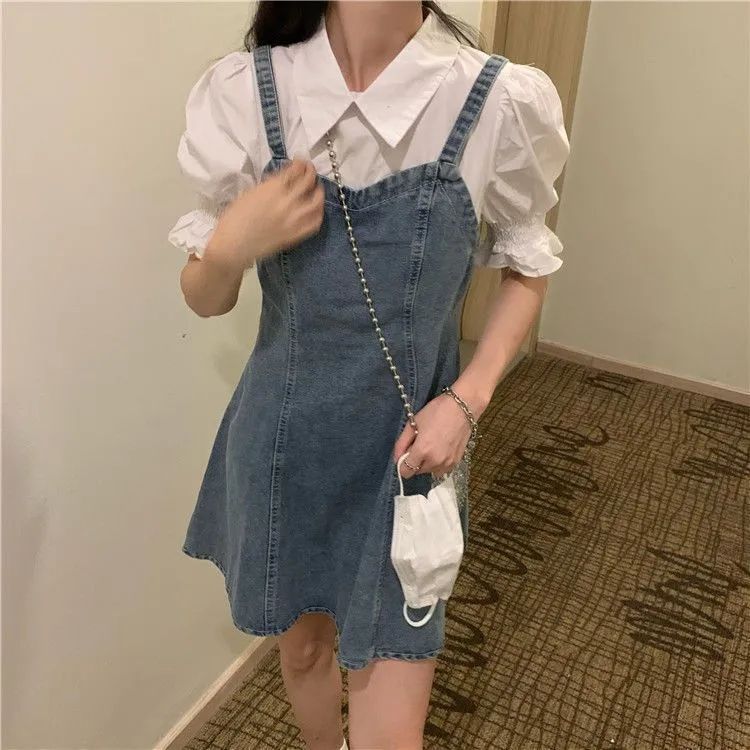 Small summer denim dress women's fake two-piece puff sleeve girl student college style slim design skirt