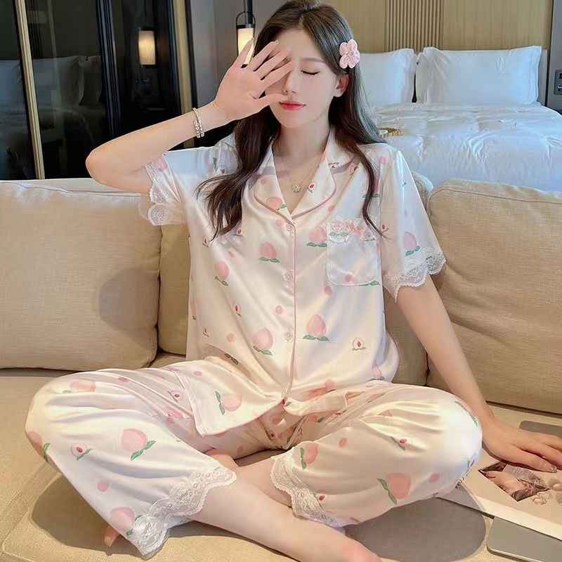 Pajamas women's summer  new short-sleeved trousers can be worn outside large size ice silk sweet student home service suit