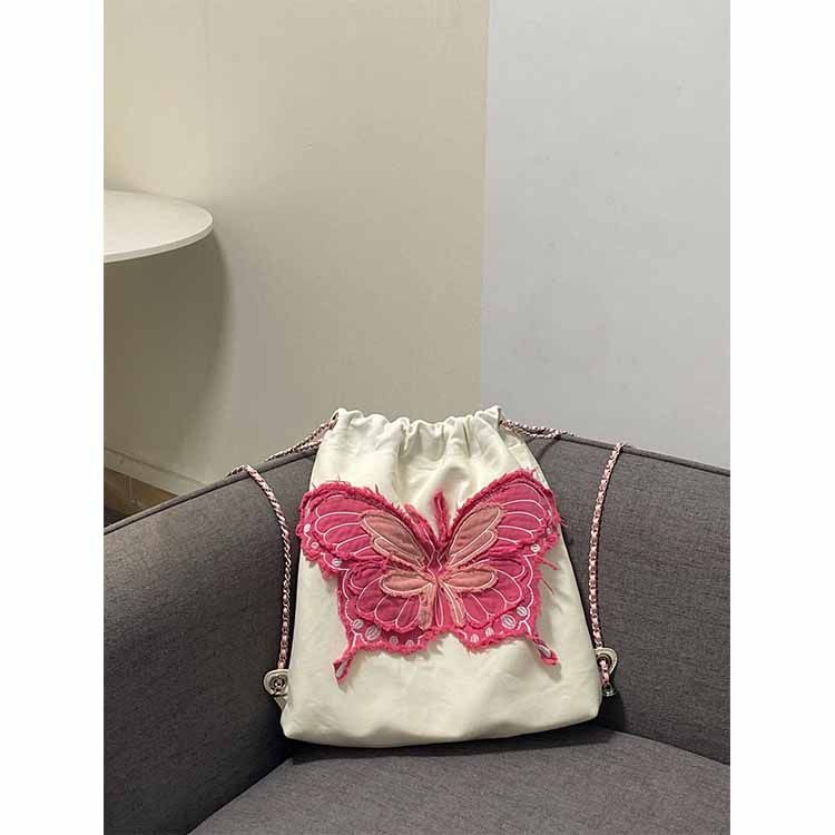 Original Bow Knot Tassel Denim Chain Backpack Simple Embroidery Contrasting Color Hobo Denim Handbag