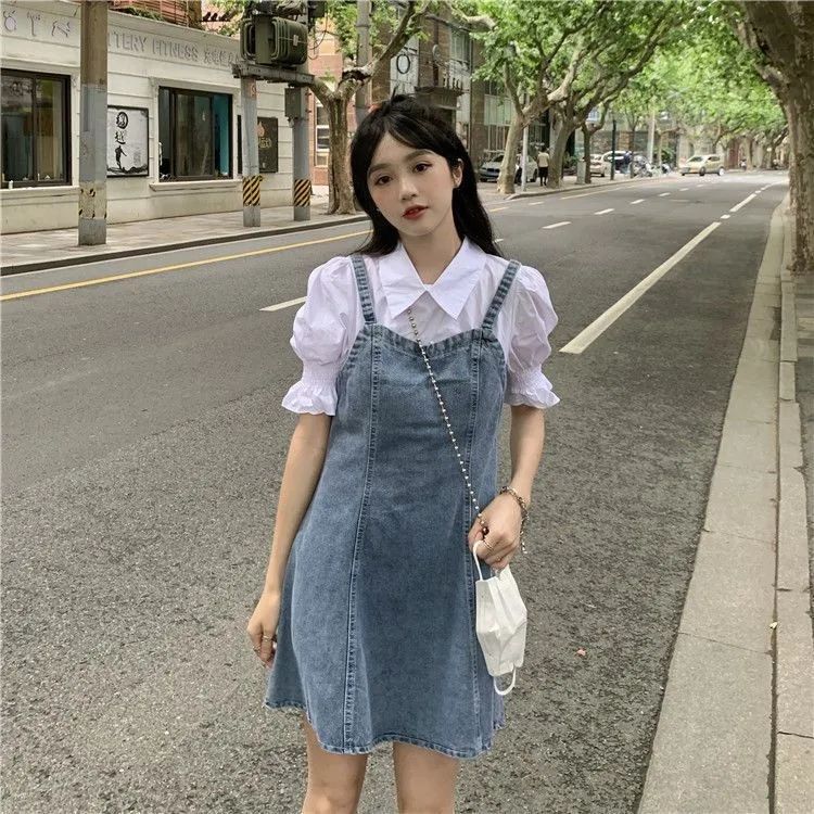 Small summer denim dress women's fake two-piece puff sleeve girl student college style slim design skirt