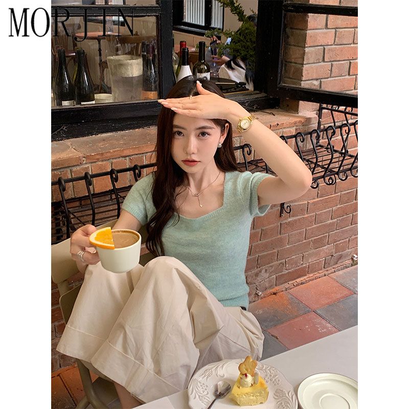 MORJIN Korean style temperament age reduction square collar knitted t-shirt women's short-sleeved summer self-cultivation slimming sweet and spicy short top