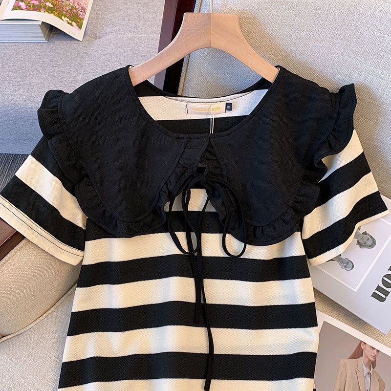 Summer slightly fat mm foreign style age reduction huge thin striped long dress female doll collar straight skirt large size women's clothing