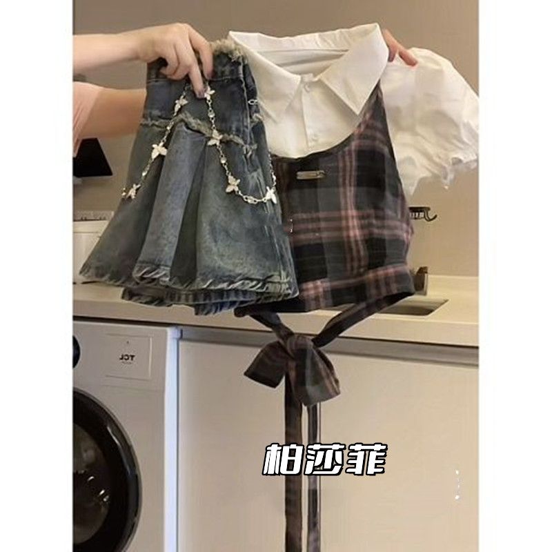 夏季多巴胺穿搭女2023新款韓版短袖襯衫格子吊帶牛仔短裙三件套潮