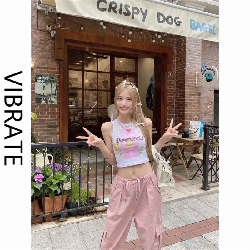 VIBRATE美式復古小熊數碼噴背心女夏季純棉打底內搭辣妹上衣ins潮