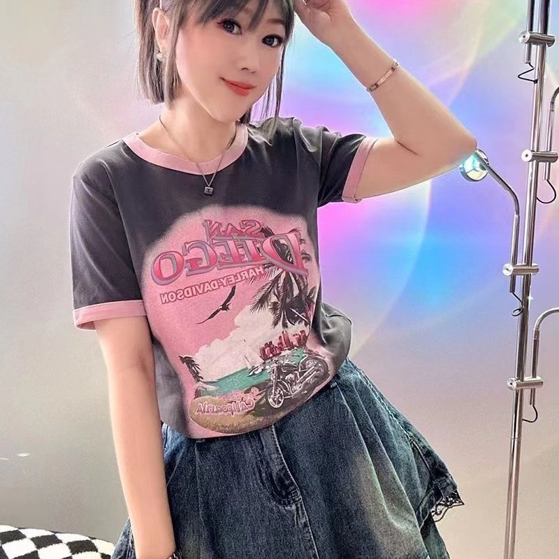 夏季新款女裝短袖t恤胖mm大碼寬鬆圓領撞色正肩小眾上衣200斤300