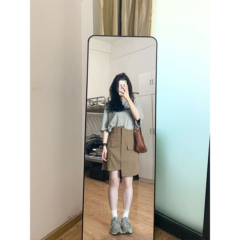 大碼卡其色不規則裙子梨形身材半身裙女夏季胖mm顯瘦遮肚a字短裙