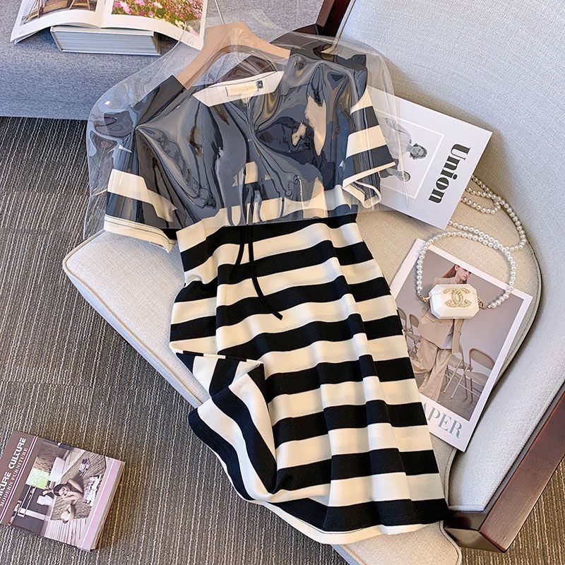 Summer slightly fat mm foreign style age reduction huge thin striped long dress female doll collar straight skirt large size women's clothing