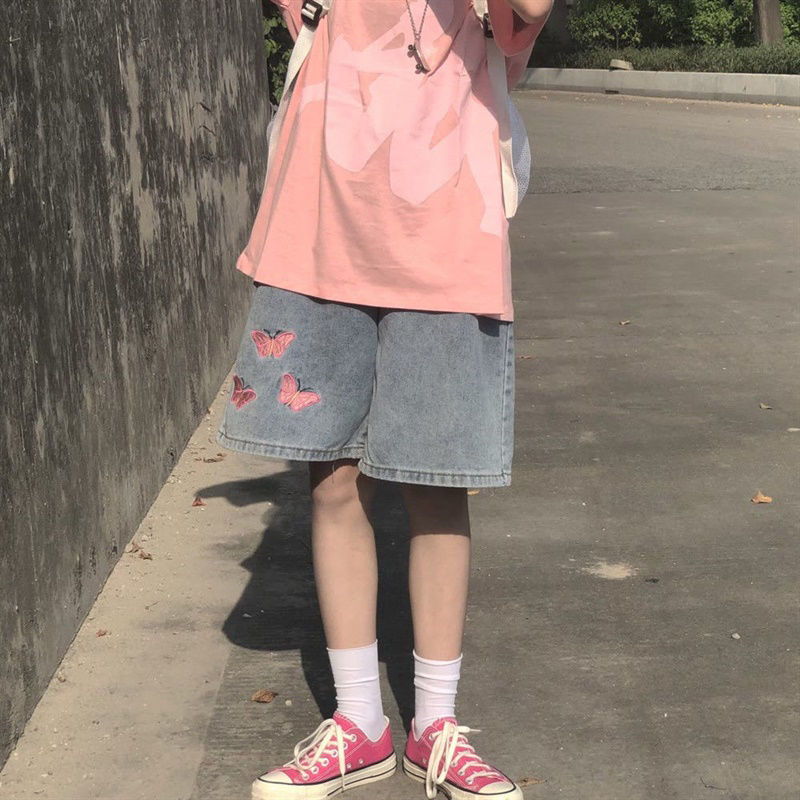 2023年夏季新款大碼胖妹妹mm設計感小眾中褲刺繡牛仔短褲女五分褲