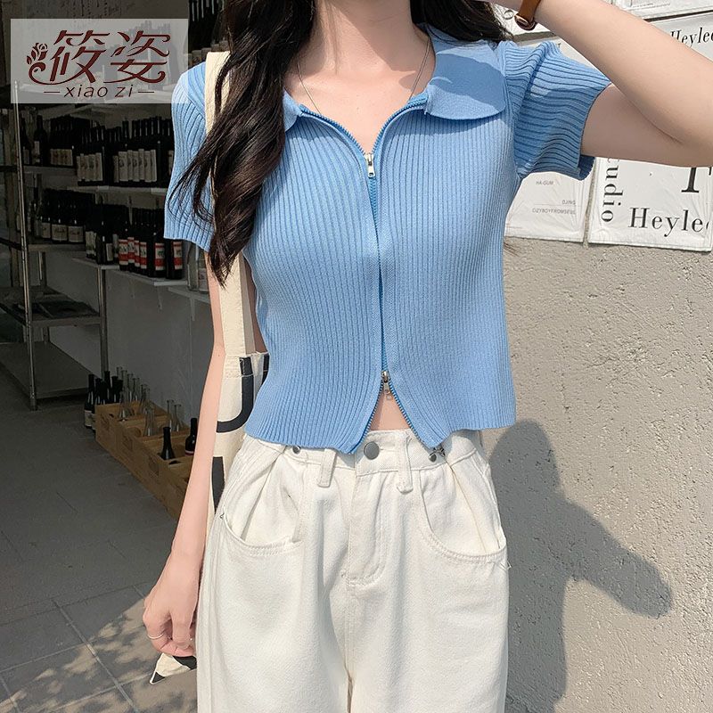 筱姿2023夏裝新款bm雙拉鏈上衣女針織衫開衫短款修身外套T恤短袖