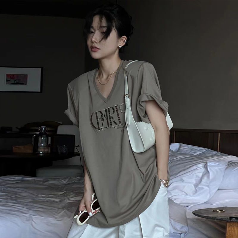 Slightly fat mm large size pure desire wind shoulder pads look thin low v-neck top women's summer dress shoulder short-sleeved t-shirt loose mid-length