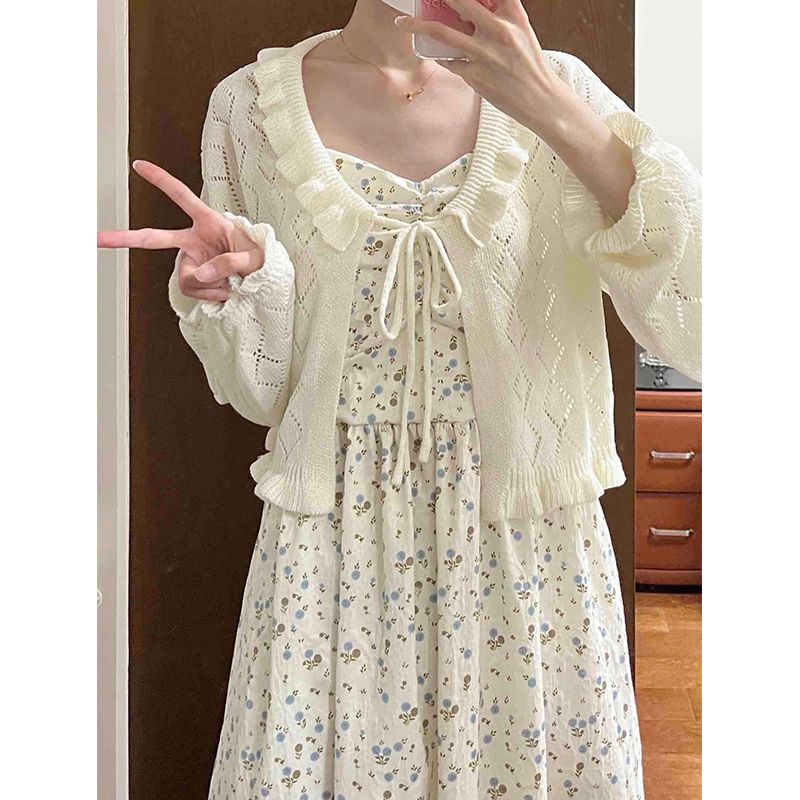 甜美鏤空冰絲毛衣針織衫開衫女夏季防曬罩衫綁帶坎肩薄款上衣外套