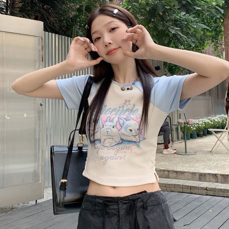 大碼卡通印花短袖t恤女夏季2023新款胖MM短款甜辣修身上衣設計感