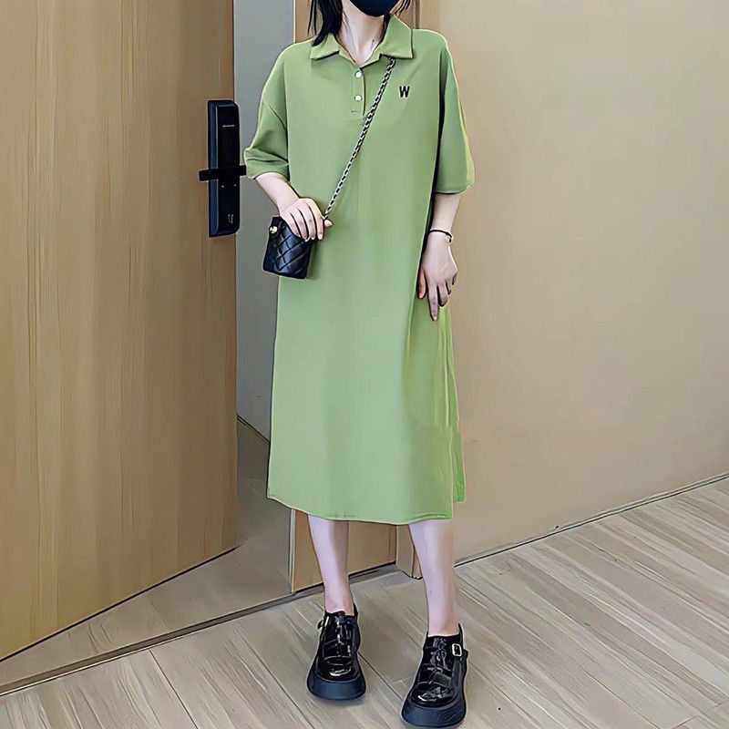 French design sense fried street polo collar dress female summer  new large size fat mm long knee skirt