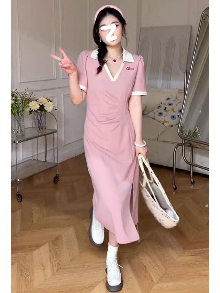Summer large size fat mm dress women's new color contrast design sense waist cover belly niche long skirt 2-300 catties
