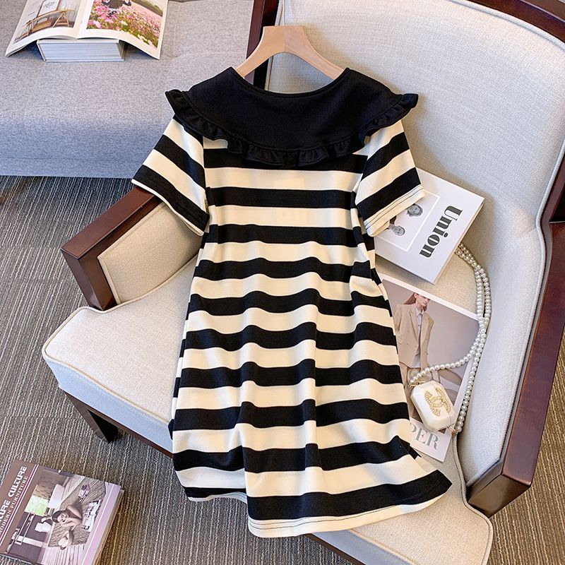 Summer slightly fat mm foreign style age reduction huge thin striped long dress female doll collar straight skirt large size women's clothing