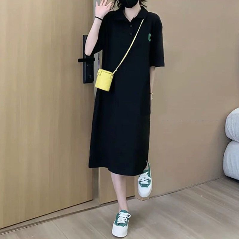 French design sense fried street polo collar dress female summer  new large size fat mm long knee skirt