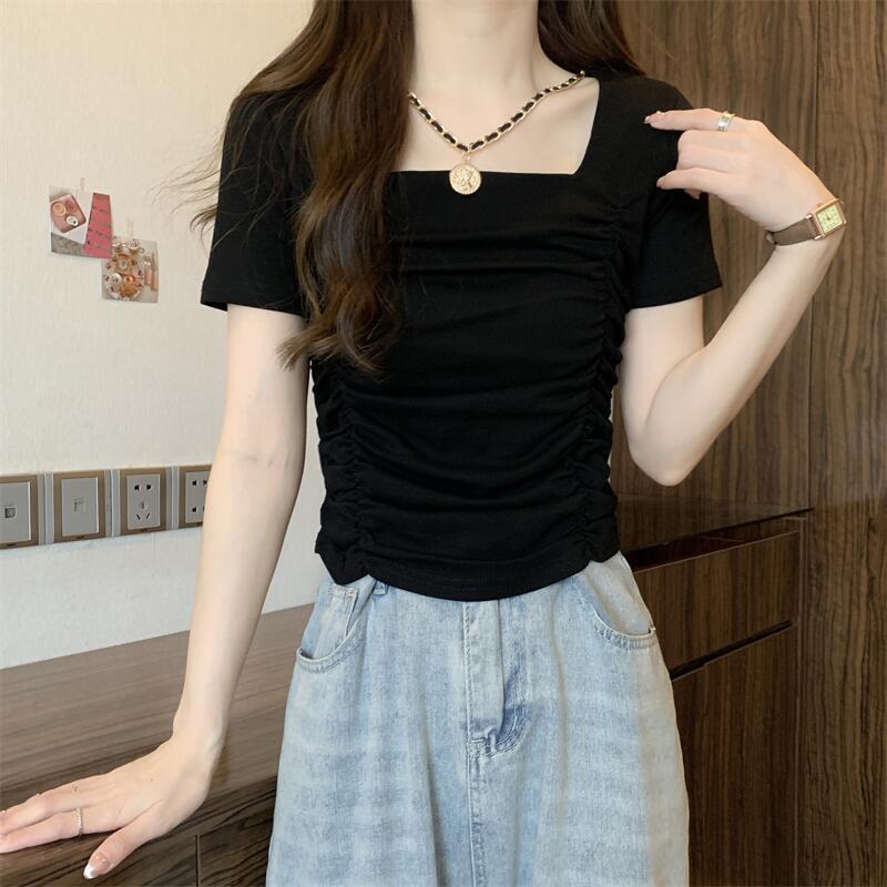 Large size ins design sense niche square collar front shoulder t-shirt short-sleeved women's summer slightly fat mm short section covering meat and showing thin top