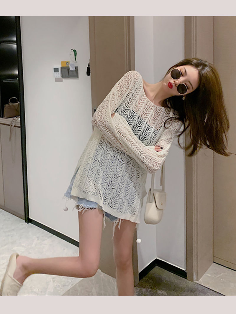 "2023 spring and summer new thin section breathable sunscreen blouse women's long-sleeved crochet hollow loose jacket knitwear"