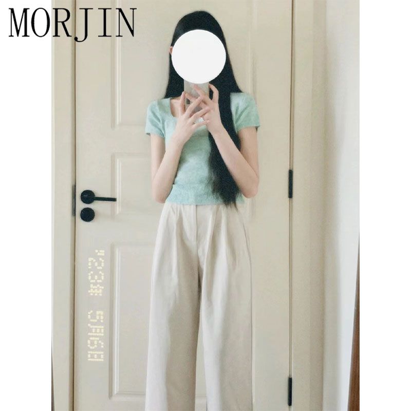 MORJIN Korean square collar front shoulder knitted t-shirt women's short-sleeved women's summer slim fit Hong Kong style chic short top