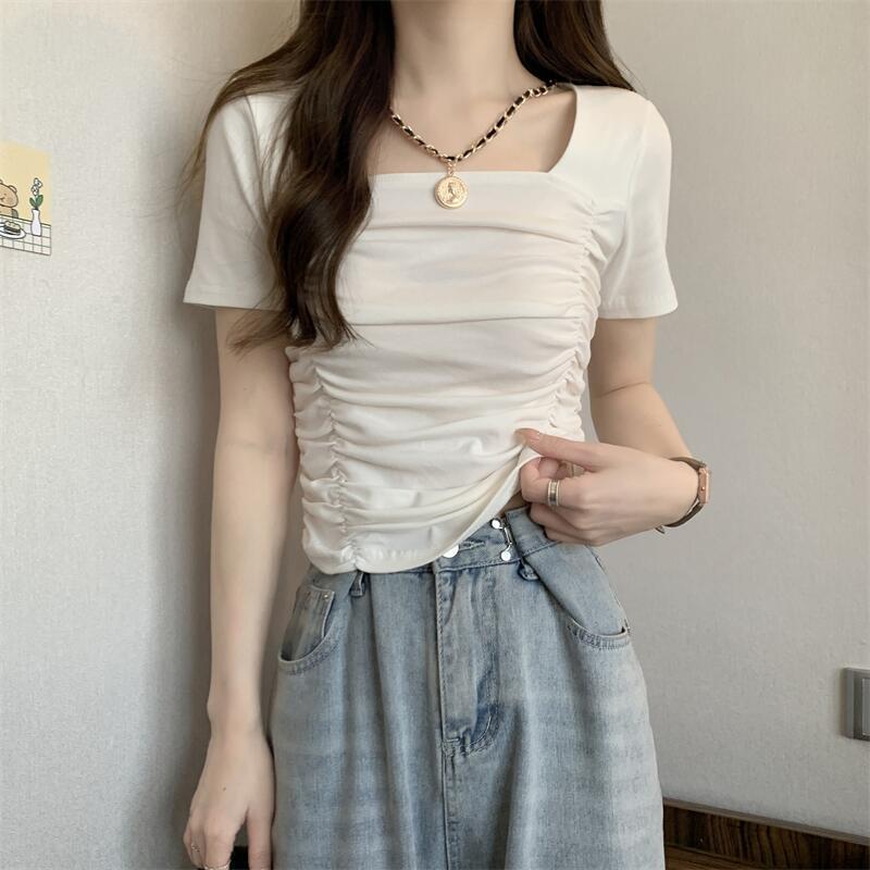 Large size ins design sense niche square collar front shoulder t-shirt short-sleeved women's summer slightly fat mm short section covering meat and showing thin top