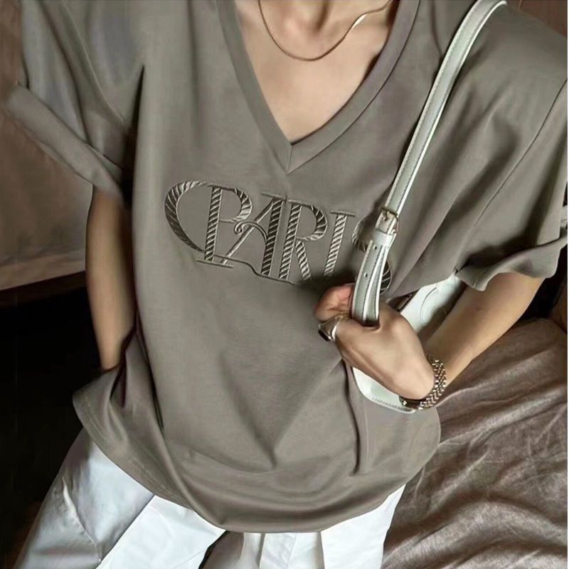 Slightly fat mm large size pure desire wind shoulder pads look thin low v-neck top women's summer dress shoulder short-sleeved t-shirt loose mid-length