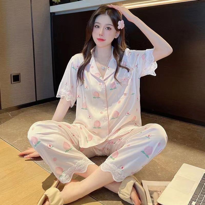 Pajamas women's summer  new short-sleeved trousers can be worn outside large size ice silk sweet student home service suit