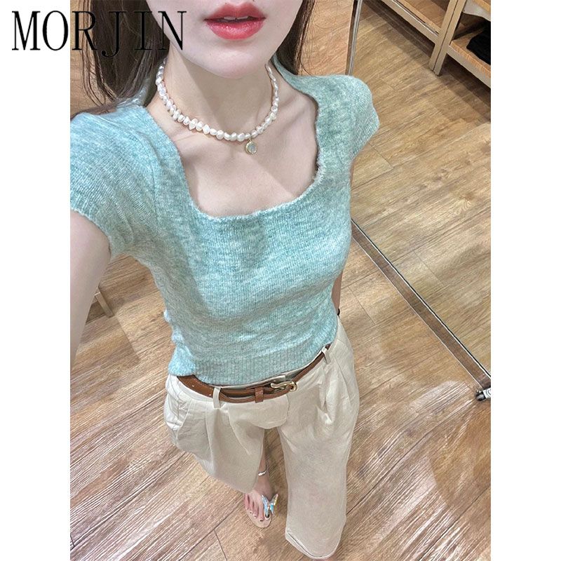 MORJIN green square collar front shoulder sweater t-shirt women's short-sleeved summer design sense of self-cultivation and thin short top