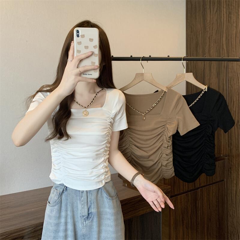 Large size ins design sense niche square collar front shoulder t-shirt short-sleeved women's summer slightly fat mm short section covering meat and showing thin top