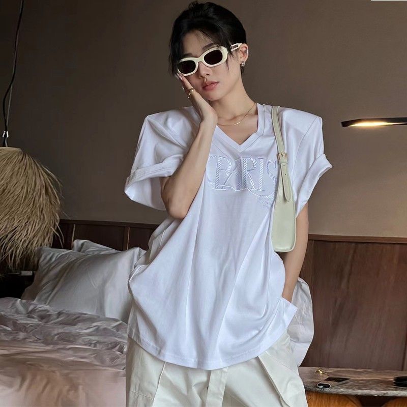 Slightly fat mm large size pure desire wind shoulder pads look thin low v-neck top women's summer dress shoulder short-sleeved t-shirt loose mid-length